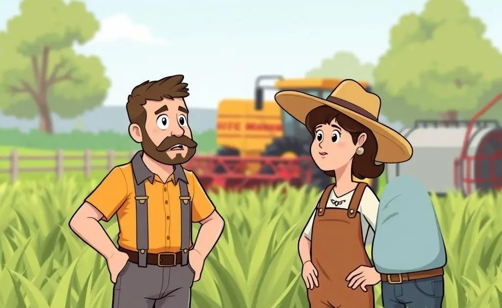 Farmers talking in a field, looking concerned over tariff impacts