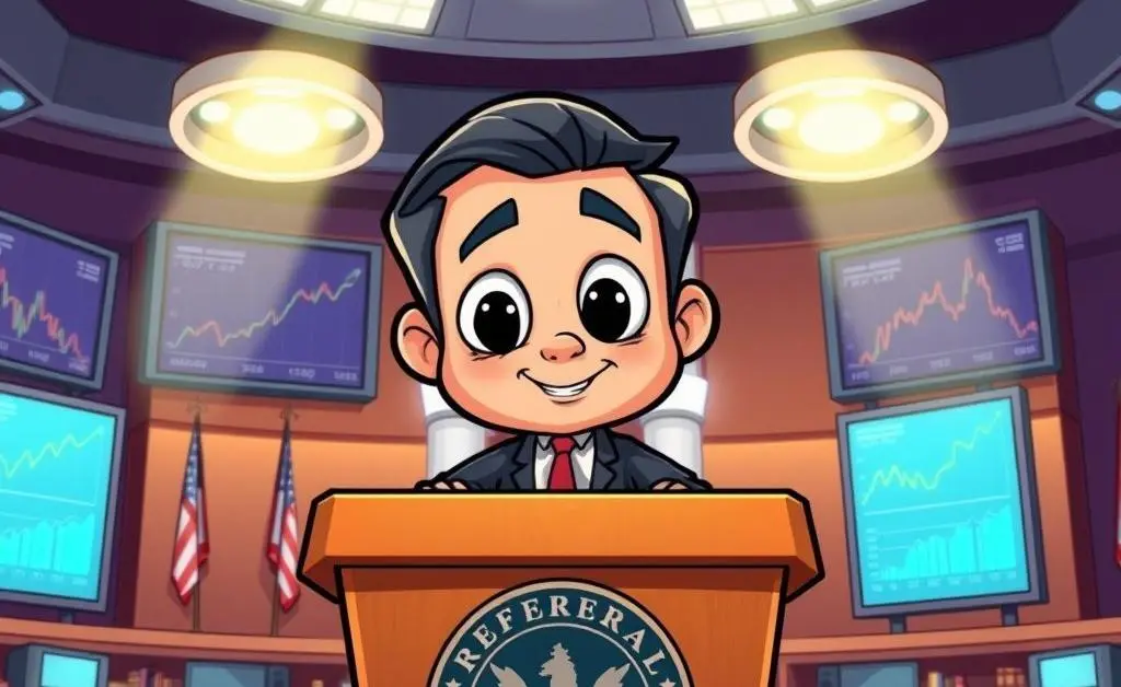 Cartoon-style image of a Federal Reserve chair giving a press conference on interest rates.