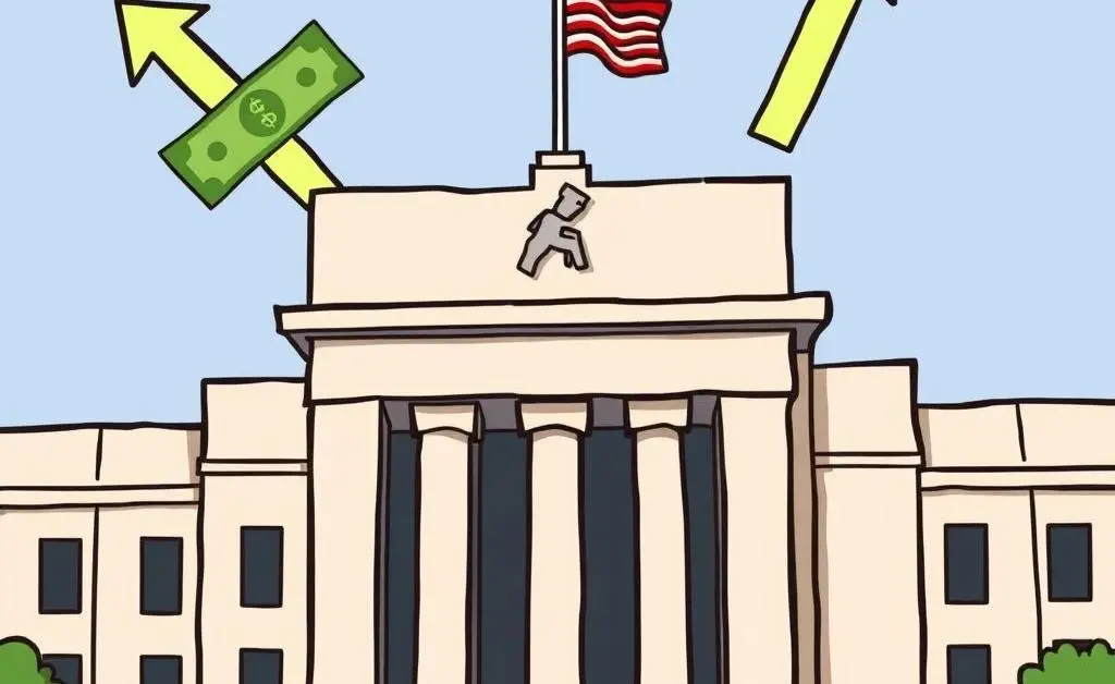 Illustration of the Federal Reserve Building with money and trend arrows.