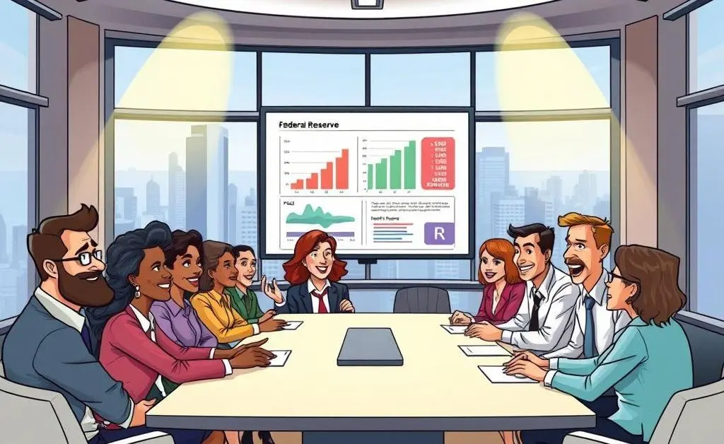 Image of a boardroom meeting at the Federal Reserve, drawn in cartoon-style, showing diverse individuals discussing policies.