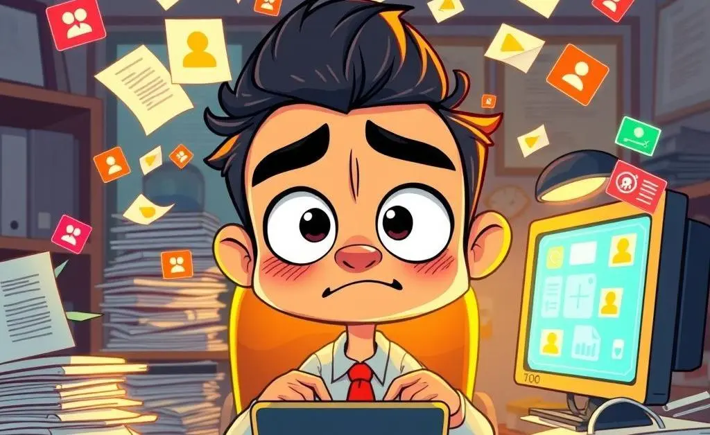 A cartoonish depiction of a person feeling overwhelmed by notifications and paperwork.
