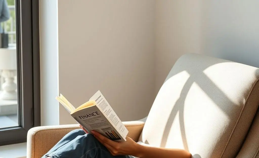 Person reading a finance book in a cozy setting