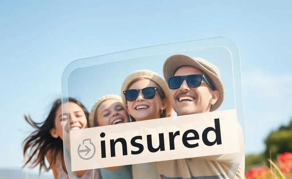 A happy family on vacation, with an invisible shield labeled 'insured' protecting them