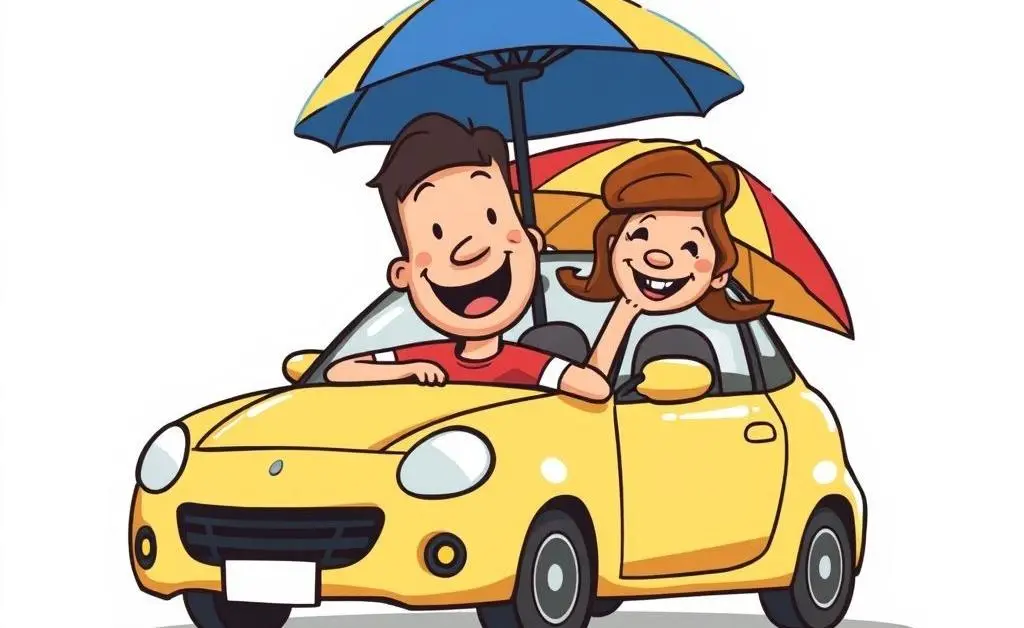 Playful cartoon showing a person relaxed and smiling, confident with car insurance coverage, with a car parked under a protective umbrella