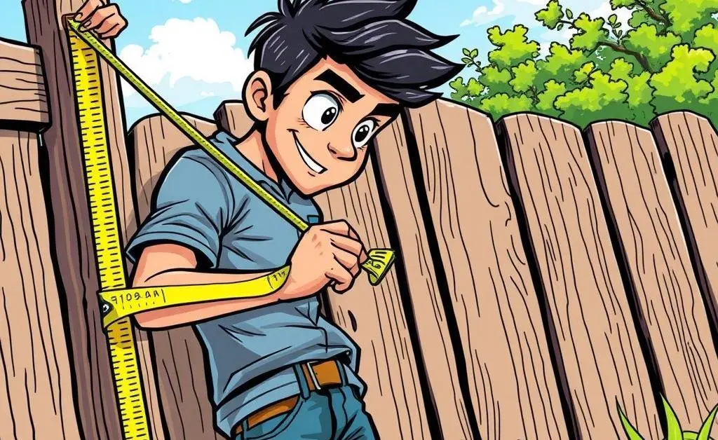 A person measuring the height and length of a fence with a tape measure.