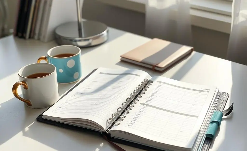 A home office desk with a planner open to a budget page, coffee mug next to it, and sunlight streaming in.