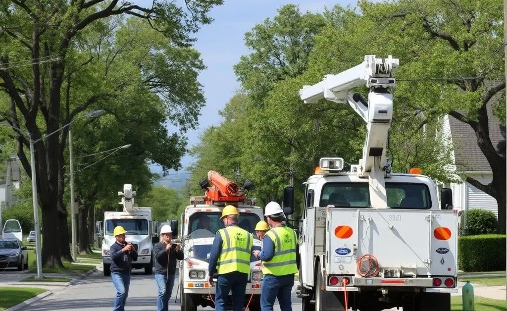 A team of utility workers installing fiber optic cables on a street lined with trees and houses.