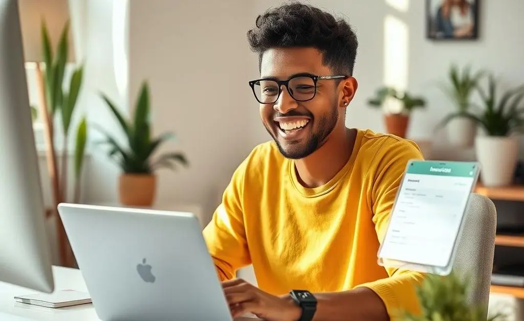 An image of a person happily filing an insurance claim on their computer.