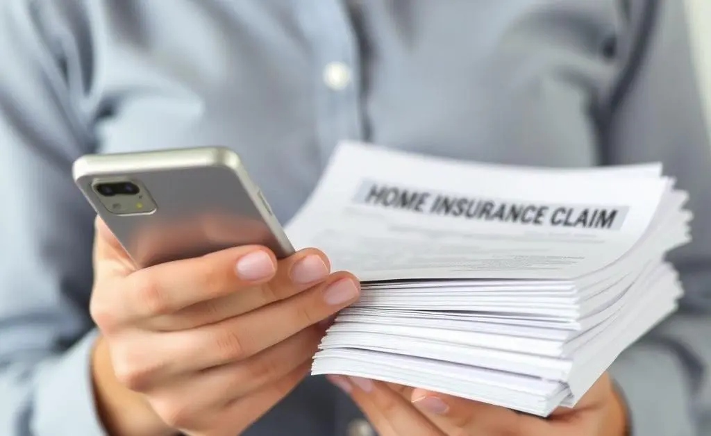 Person holding a phone and a stack of documents, representing filing a home insurance claim