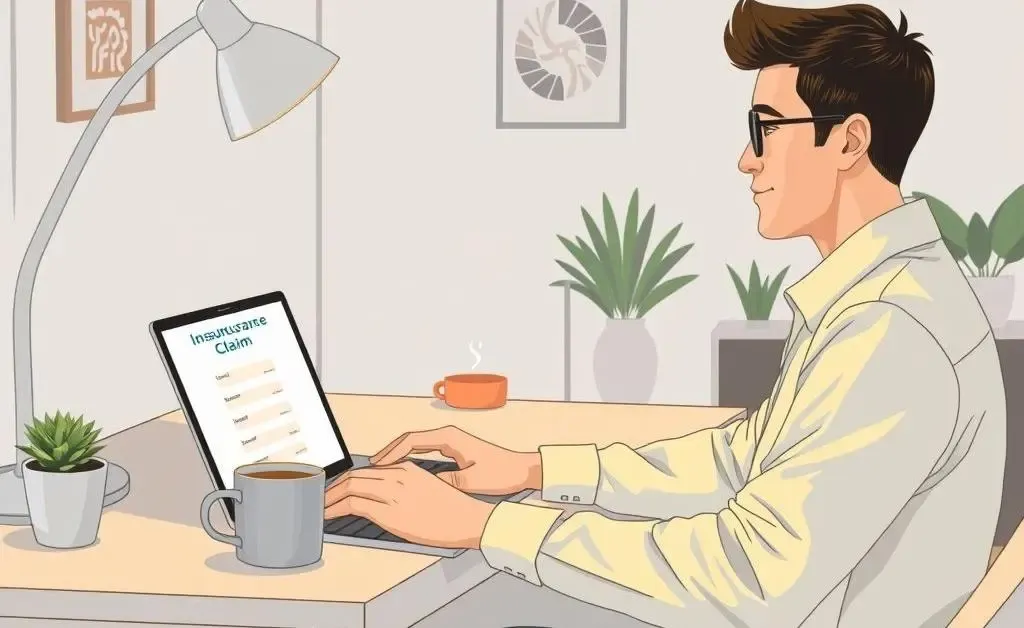 A person filing an insurance claim online at a desk.