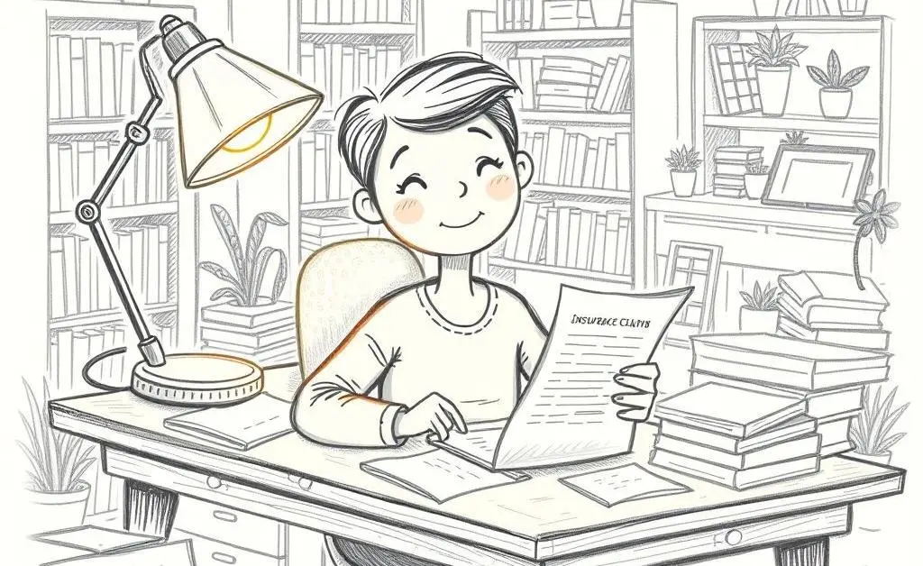 A hand-drawn image showing a person at a desk filing an insurance claim with a smile.