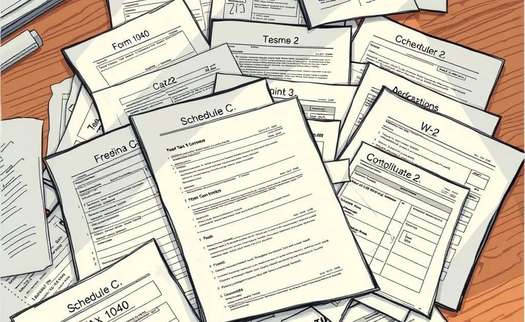 Illustration of different labeled tax forms on a table.