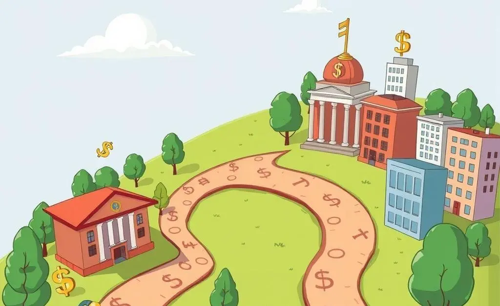 A cartoon-style image of a winding path lined with financial symbols and buildings.