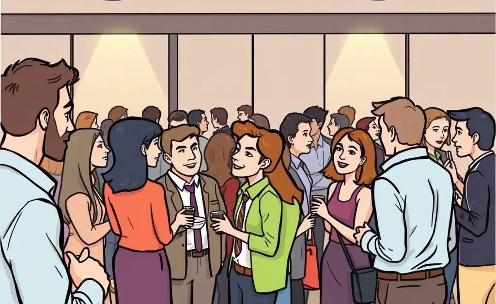 Cartoon-style drawing of a networking event with professionals mingling