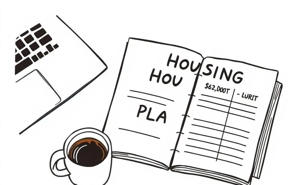 A desk with a laptop, coffee mug, and a budget planner open to a housing plan.