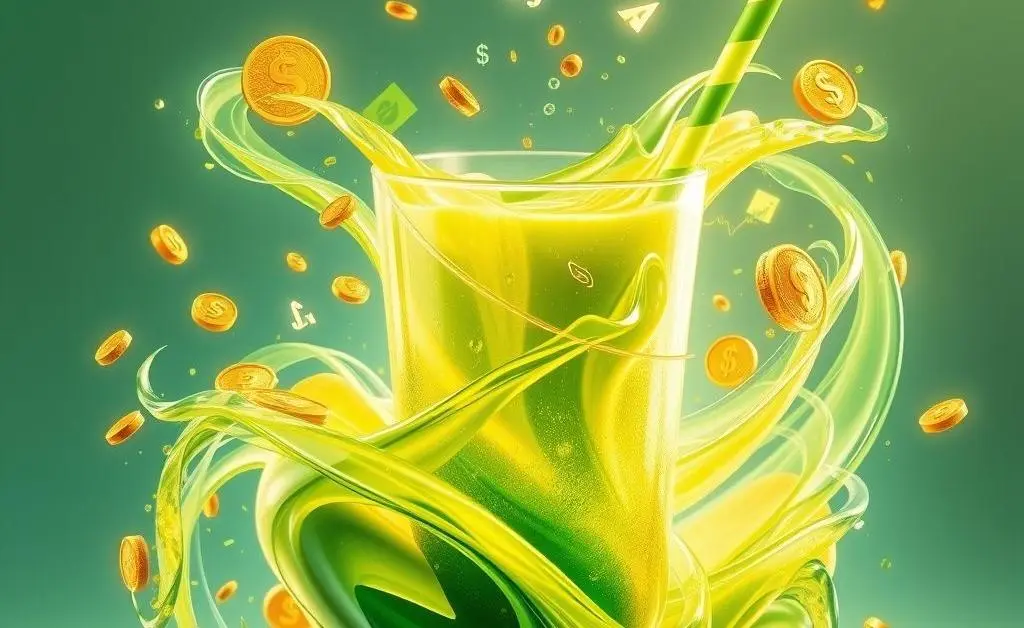 A smoothie made of financial symbols like stocks and dollar signs blending together, symbolizing financial mix.