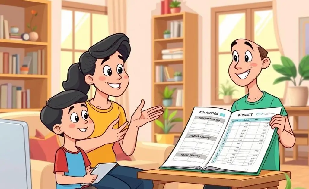 A parent giving financial advice to a teenager with a budget planner in the background.