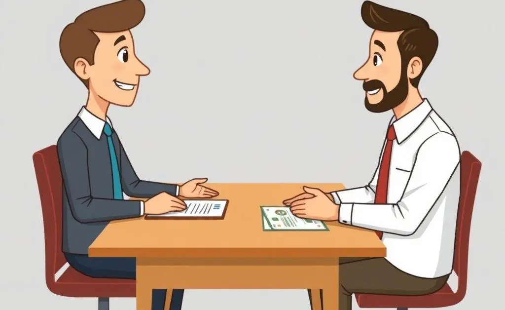 A cartoon-style image of a person consulting with a financial advisor across a desk