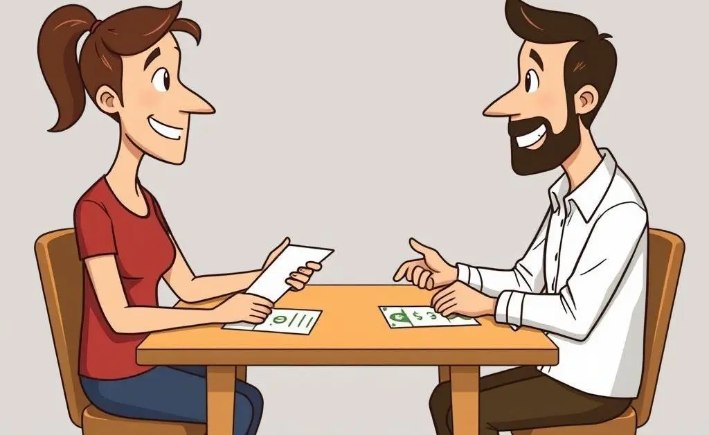 Cartoon-style image of two people discussing finances at a table
