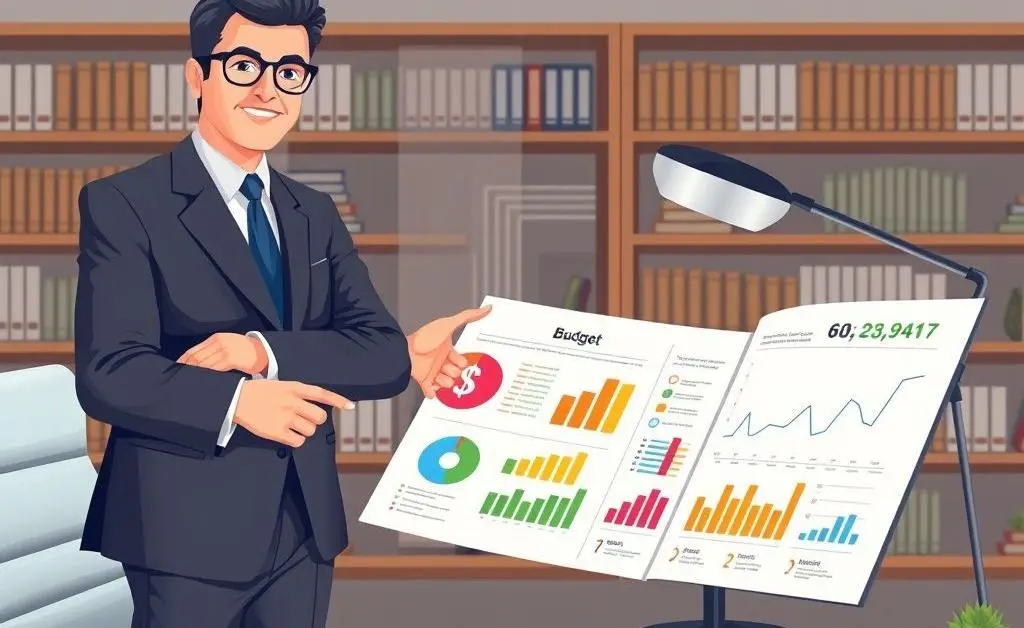 An illustration of a financial advisor with charts and graphs, pointing at a budget plan on a desk.