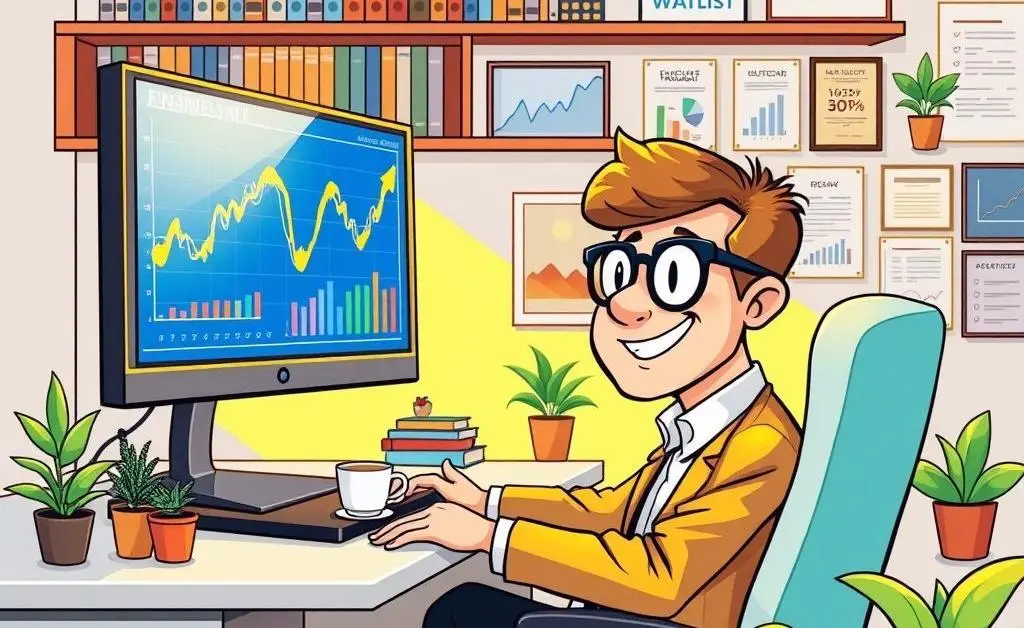 Cartoon-style image of a financial advisor at their desk, analyzing charts on a computer screen.