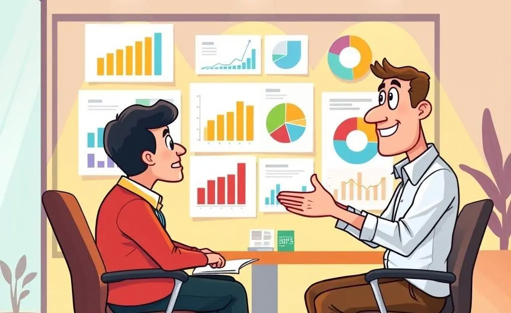 Person consulting a financial advisor with charts and graphs in the background