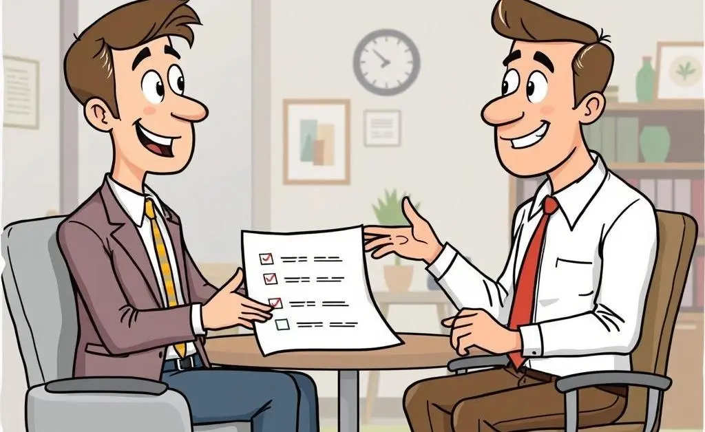 Cartoon of a friendly financial advisor explaining options to a client.