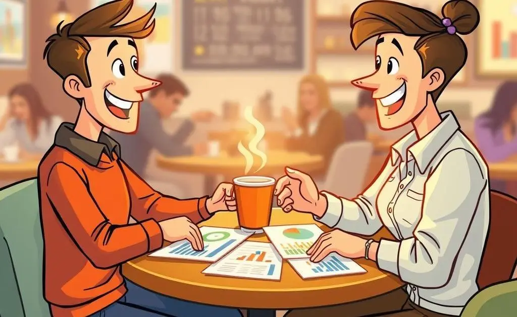 Two people discussing investments over coffee