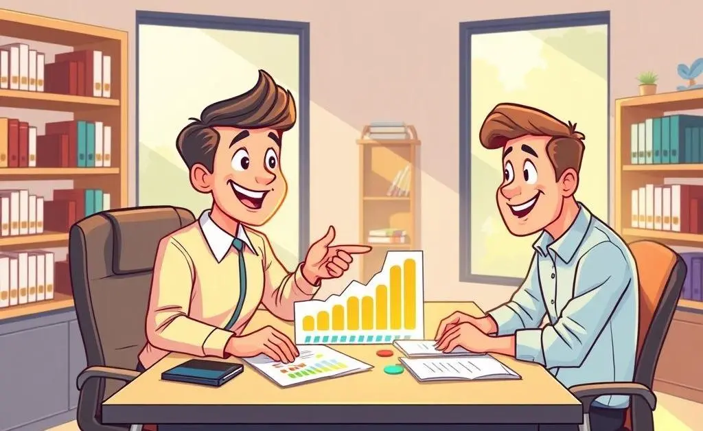 Cartoon image of a financial advisor meeting with a client