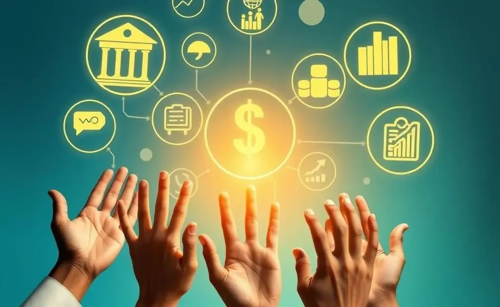 Symbolic image of multiple financial services with hands offering assistance