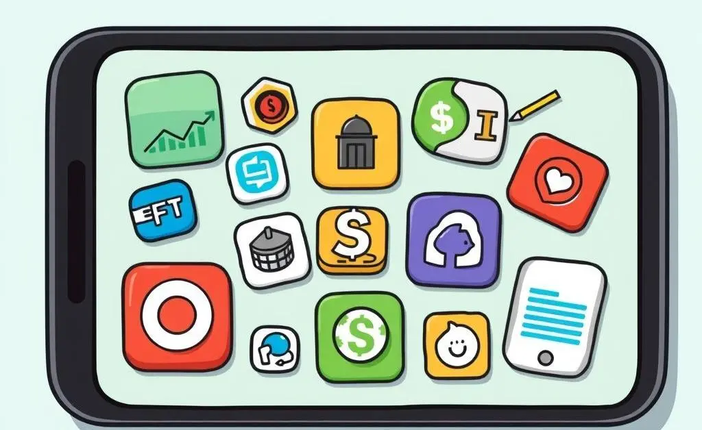 Cartoon images of various financial apps on a smartphone screen.