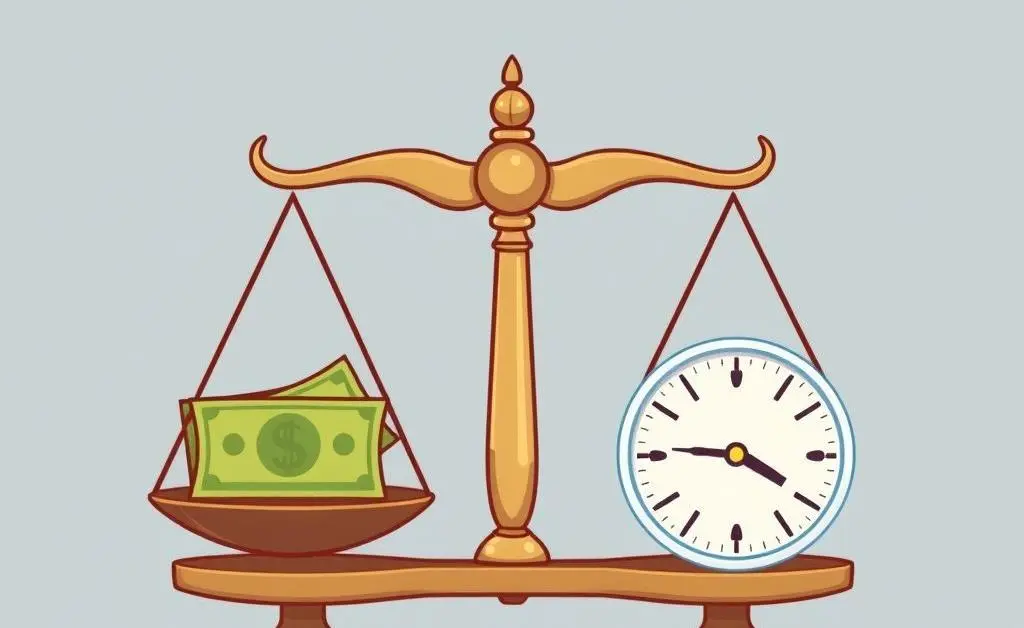 Cartoon-style image of a balance scale with money and peace of mind.