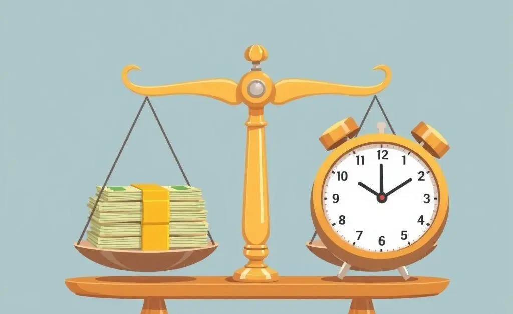 A cartoon-style scale balancing stacks of money and a clock
