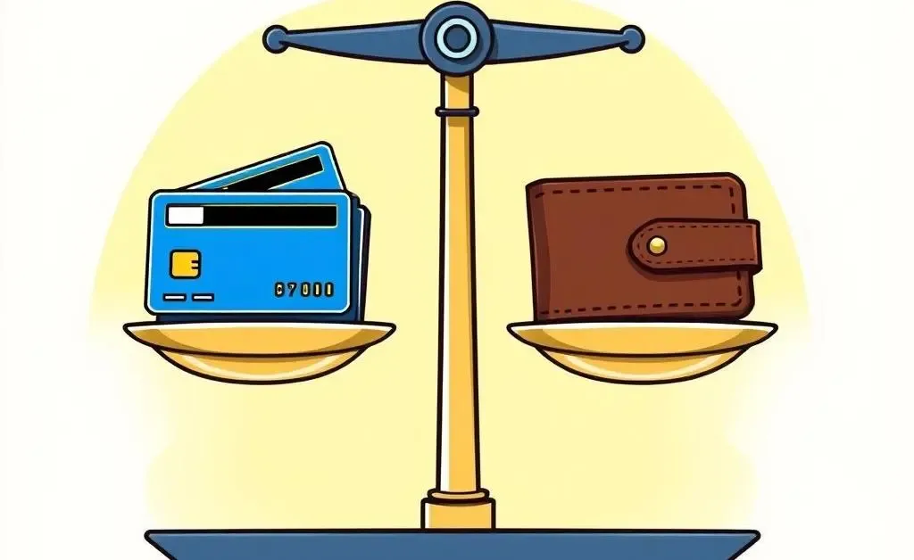 Cartoon of a balance scale with credit cards on one side and a wallet on the other.