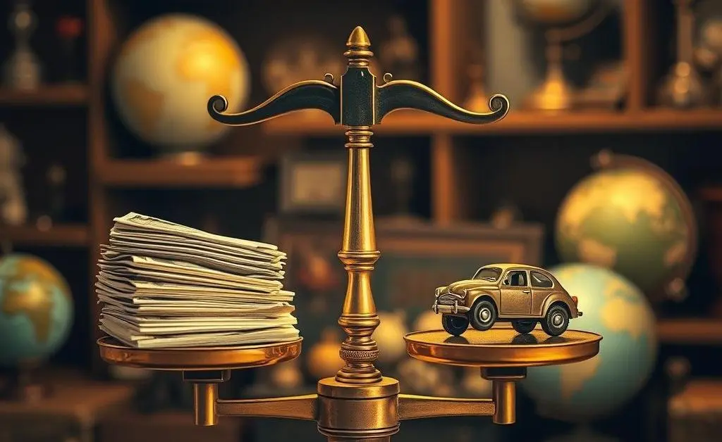 A whimsical image of a balance scale weighing money and a car figurine