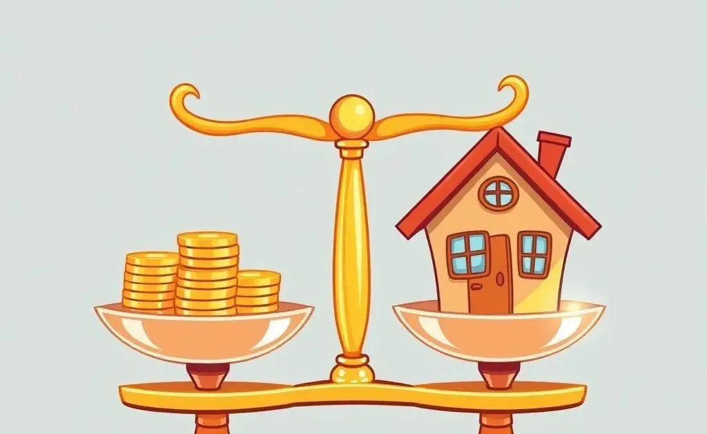 Cartoon-style scales balancing coins and a home