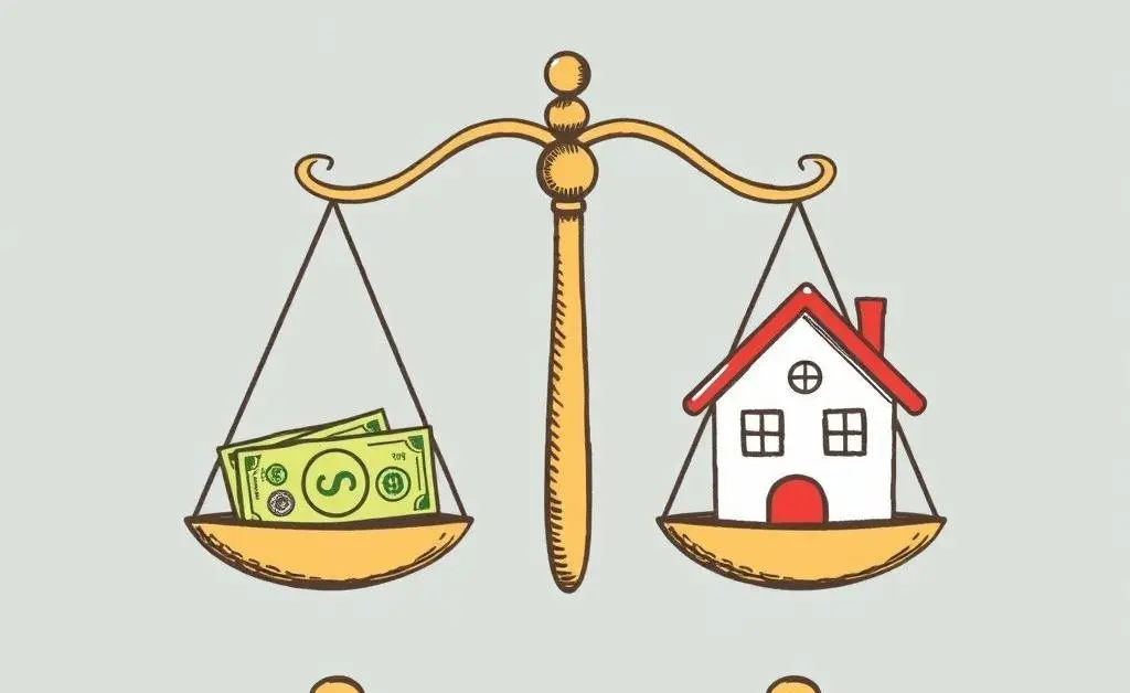 A hand-drawn set of scales balancing money and home, representing financial balance
