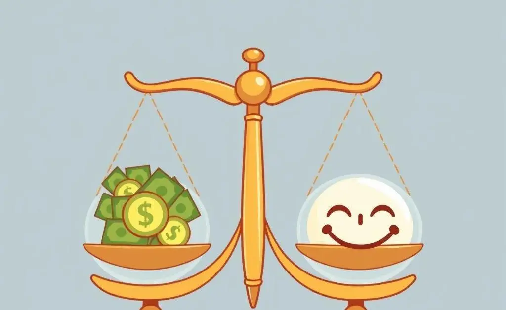 Balanced scales with money and happiness