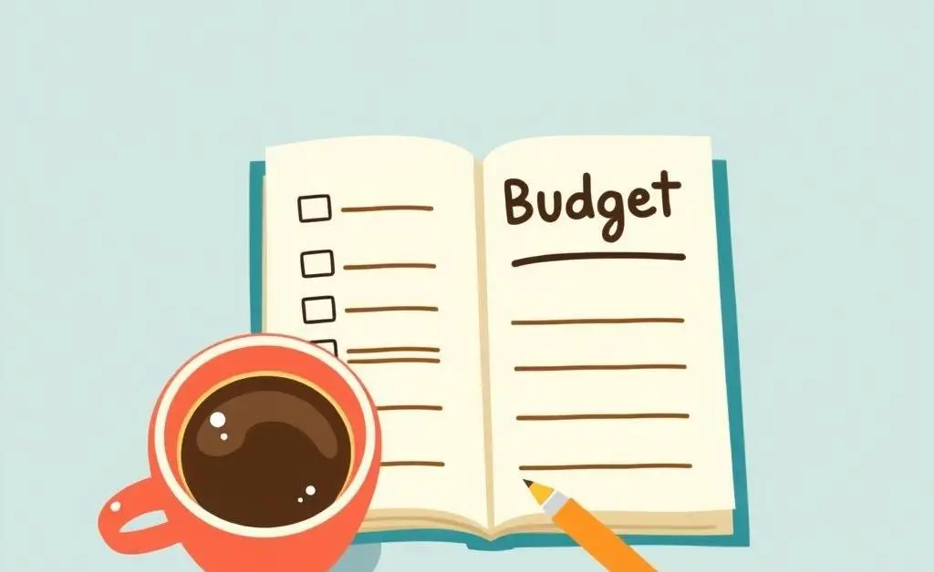 Illustration of a budget planner with coffee and a pen.