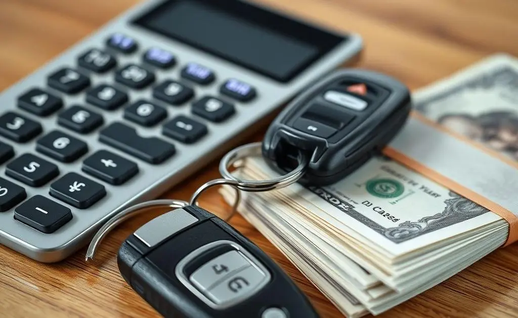 Image of a financial calculator, car keys, and a stack of cash
