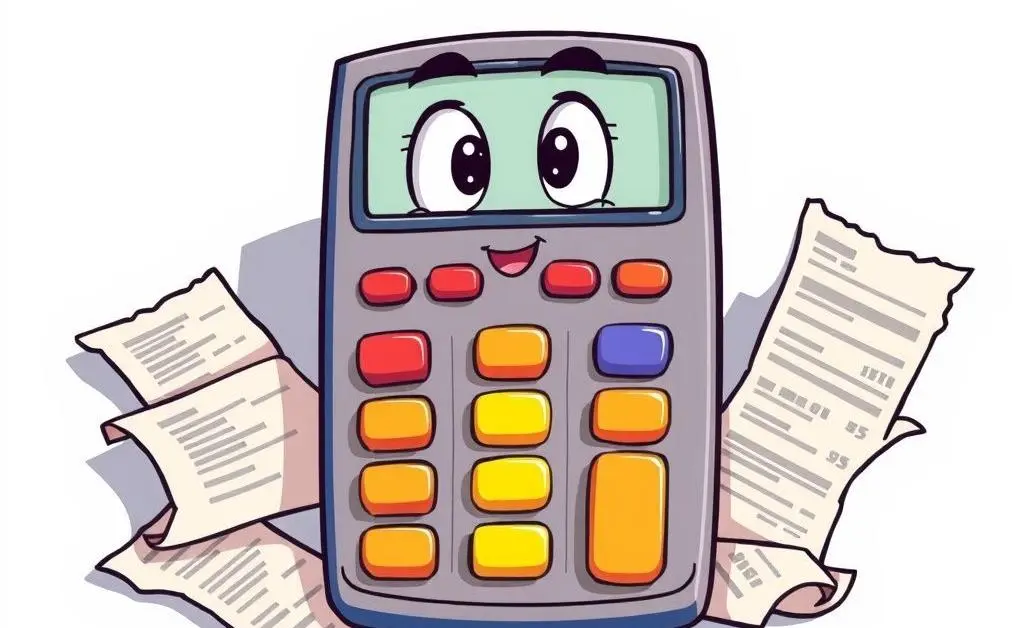 A cartoon-style calculator with car repair receipts around it.