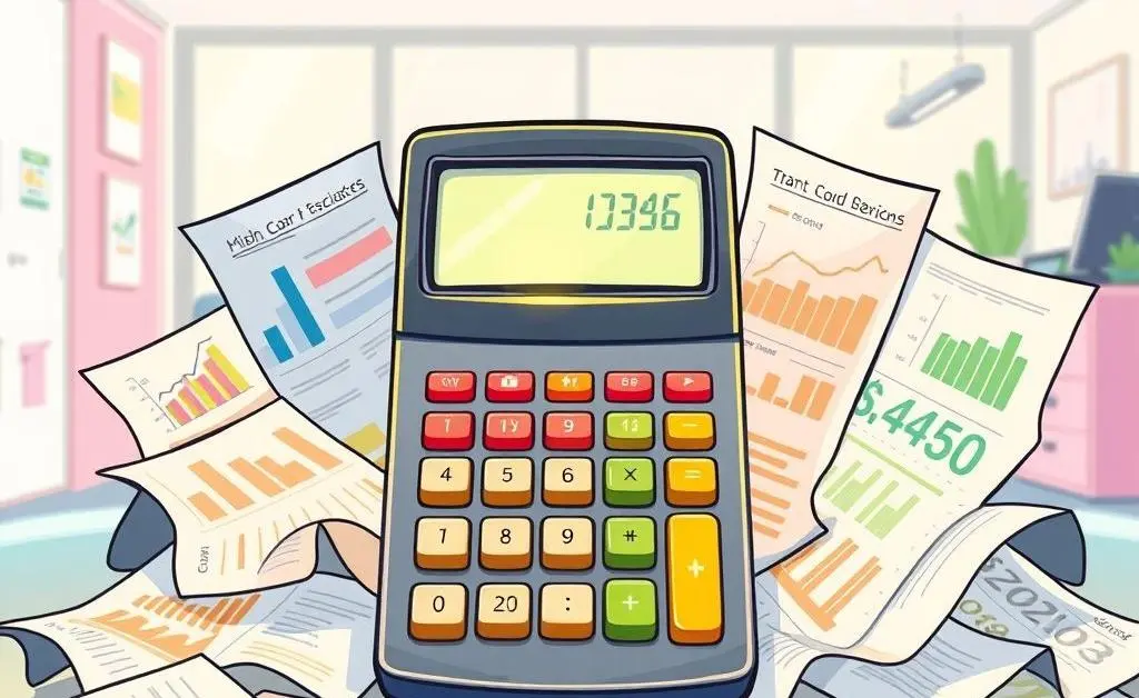 Illustration of a financial calculator surrounded by papers
