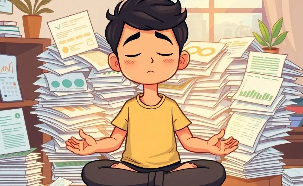 Person practicing meditation beside a desk with financial documents
