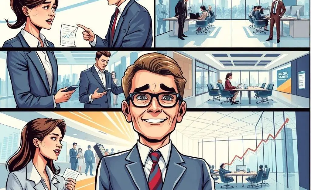 A character's journey up the career ladder in the finance industry.