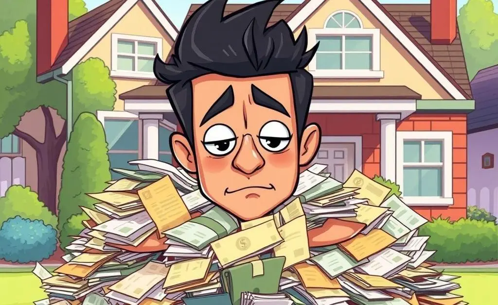 A cartoon of a person surrounded by bills and financial documents in front of a house.