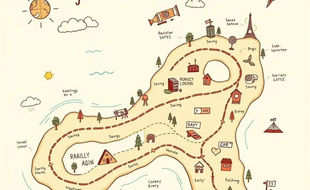 A hand-drawn style map illustrating a financial journey with pit stops and checkpoints.