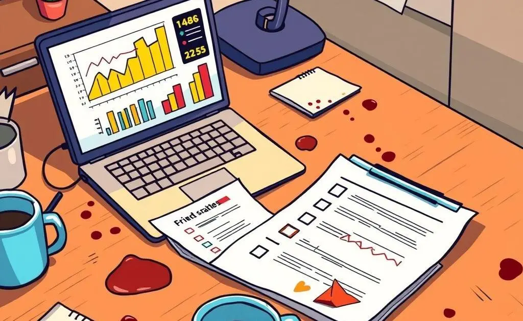 Financial checklist with a laptop displaying graphs and charts