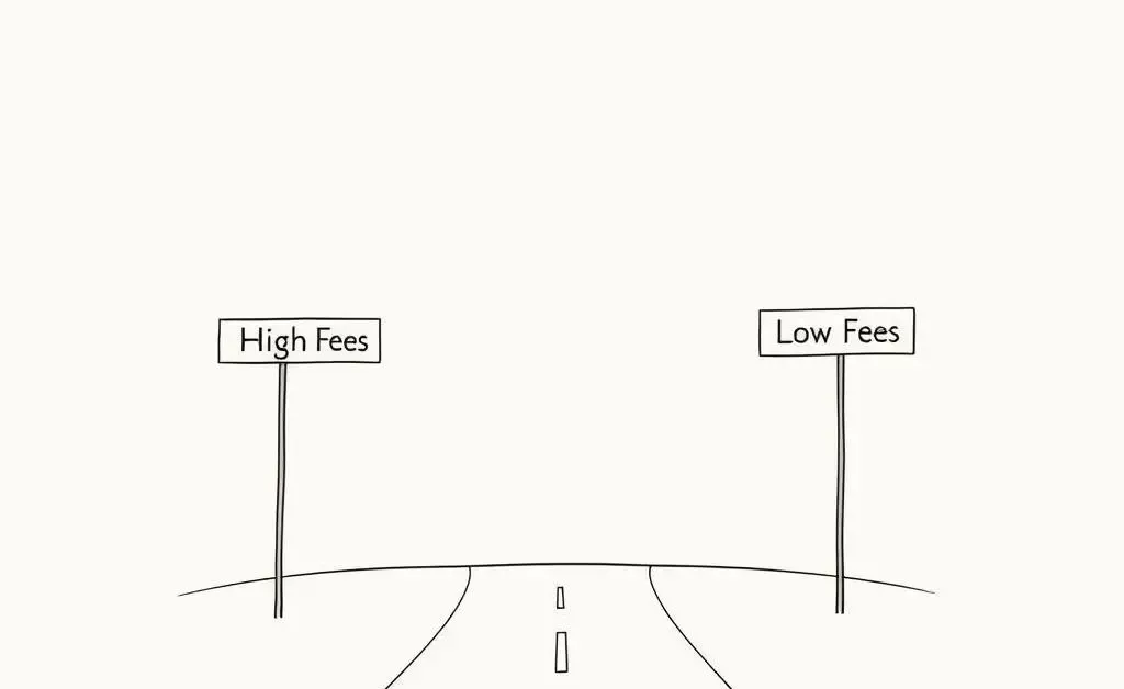 Minimalist drawing of a fork in the road, with signs pointing towards 'High Fees' and 'Low Fees'.