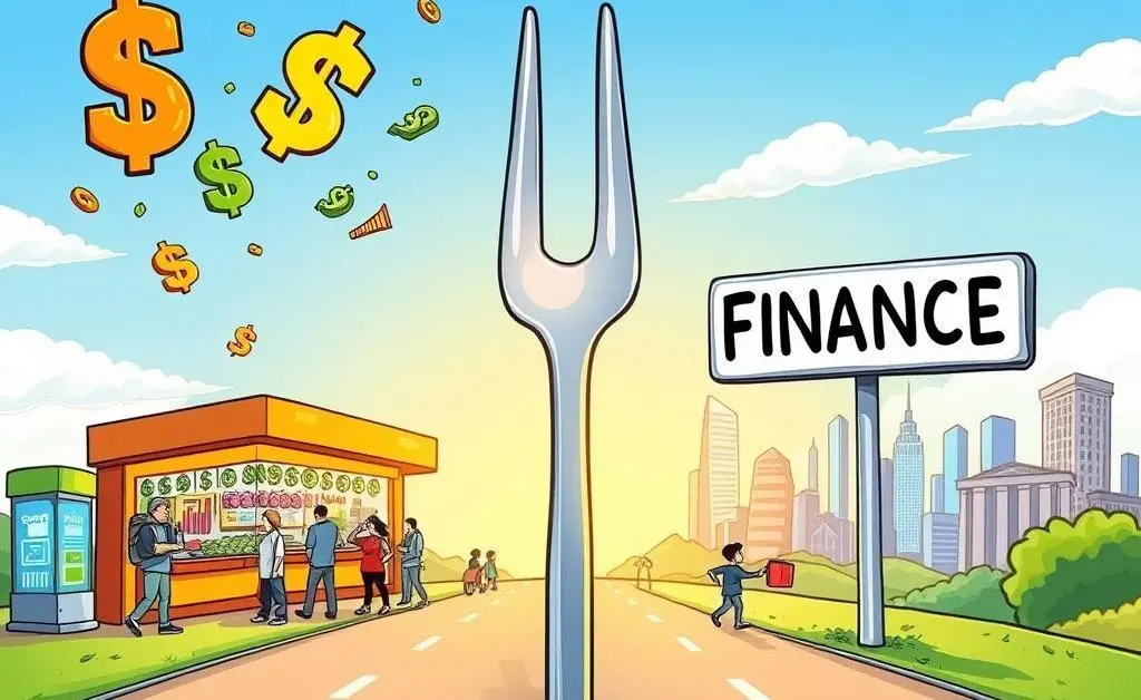 A cartoon showing a fork in the road labeled 'Cash' and 'Finance'.