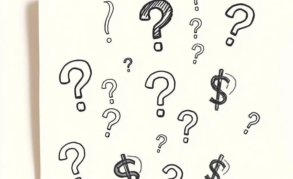 Sketch-style doodles of question marks and dollar signs on a notepad
